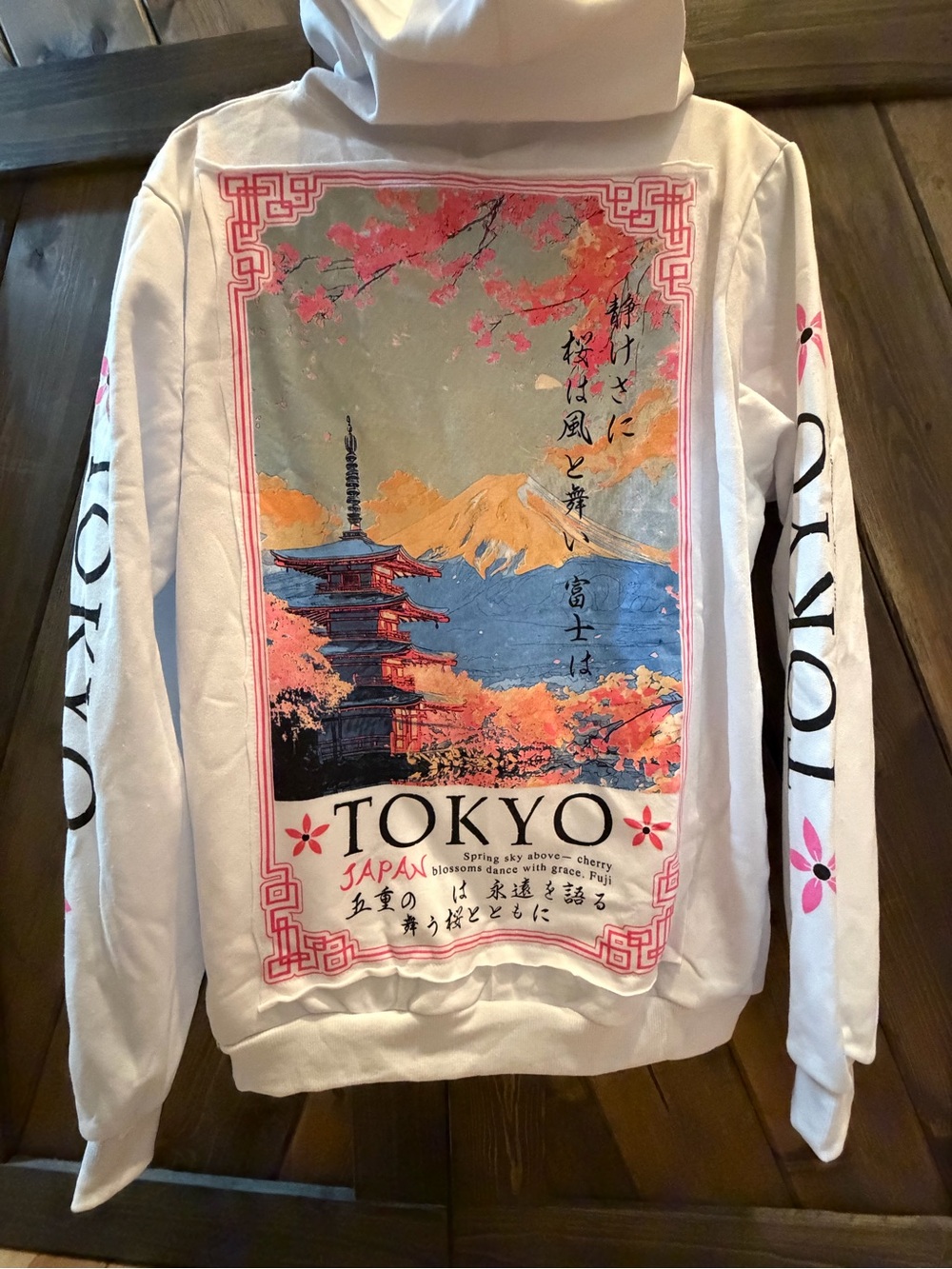 Tokyo Graphic Pullover Hoodie - White with Pink & Blue Print